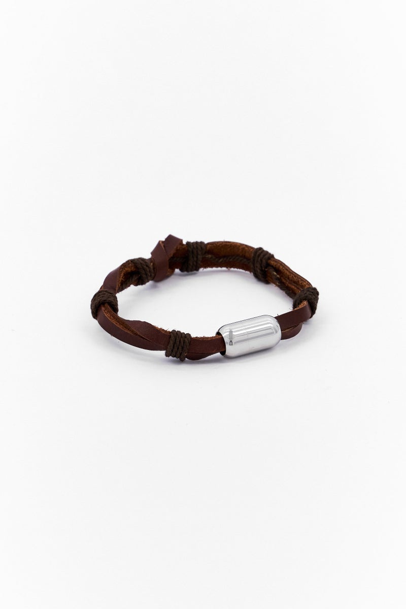Steeltime Men Genuine Leather Bracelet Stainless Steel With Magnetic Closure, Brown - Image 2